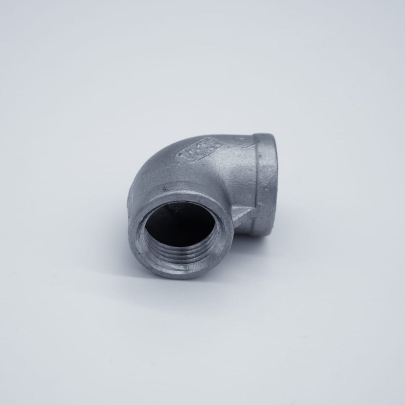 304 Stainless Steel 1/2-inch Female NPT to 1/2-inch Female NPT 90-degree elbow. Bottom view to show threads. Photo credit: TCfittings.com.