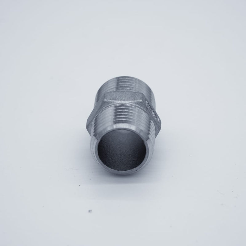 304 Stainless Steel 1/2-inch Male NPT Hex Nipple. Bottom View. Photo credit: TCfittings.com.