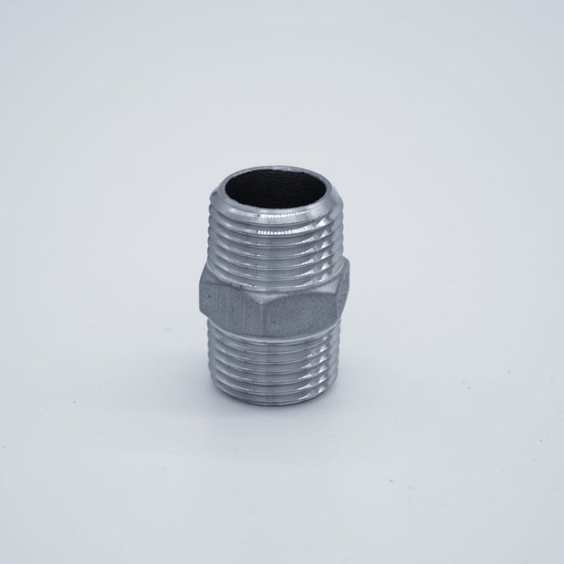 304 Stainless Steel 1/2-inch Male NPT Hex Nipple. Side profile. Photo credit: TCfittings.com.