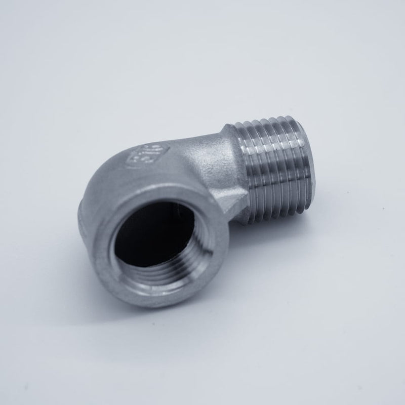 304 Stainless Steel 1/2-inch Male NPT to 1/2-inch Female NPT 90-degree street elbow. Angled to show female threads. Photo credit: TCfittings.com.