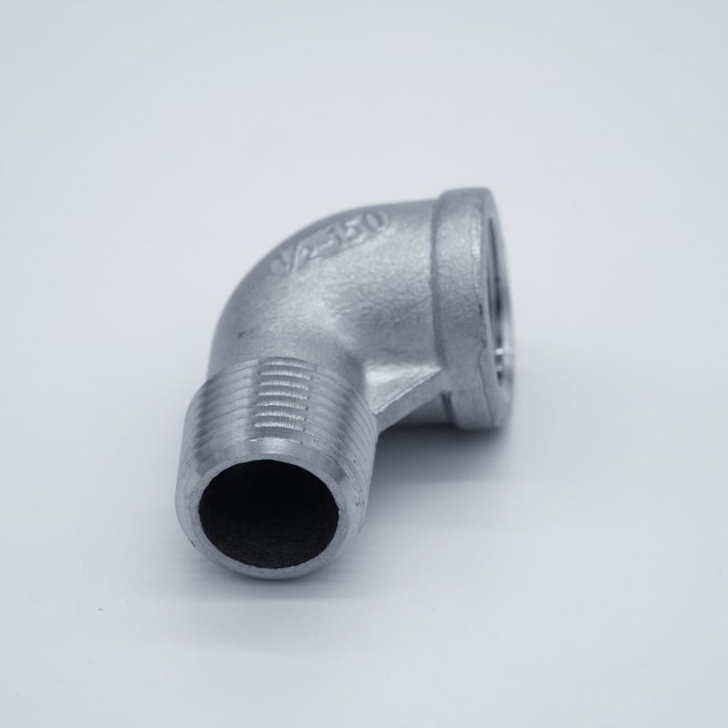 304 Stainless Steel 1/2-inch Male NPT to 1/2-inch Female NPT 90-degree street elbow. Angled to show male threads. Photo credit: TCfittings.com.