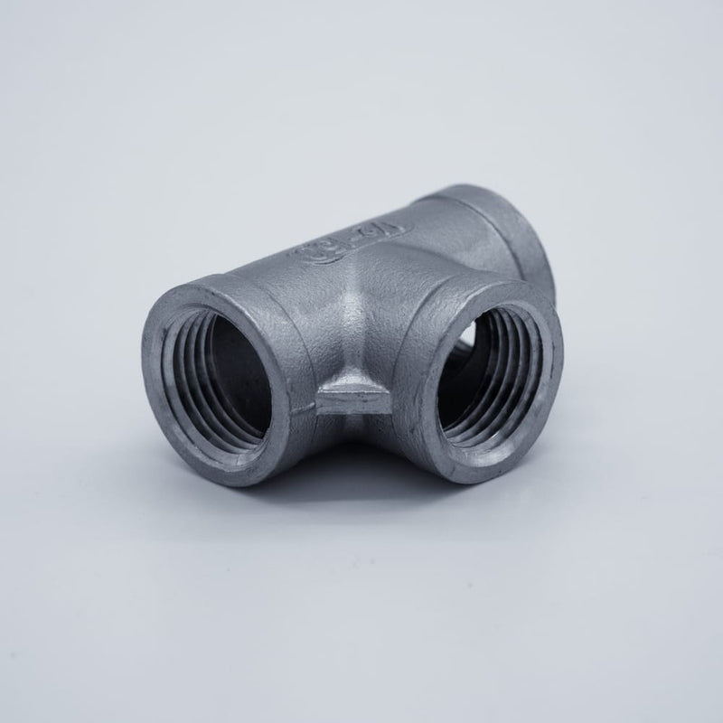 304 Stainless Steel 1/2 inch Female NPT Tee. Angled view. Photo Credit: TCfittings.com