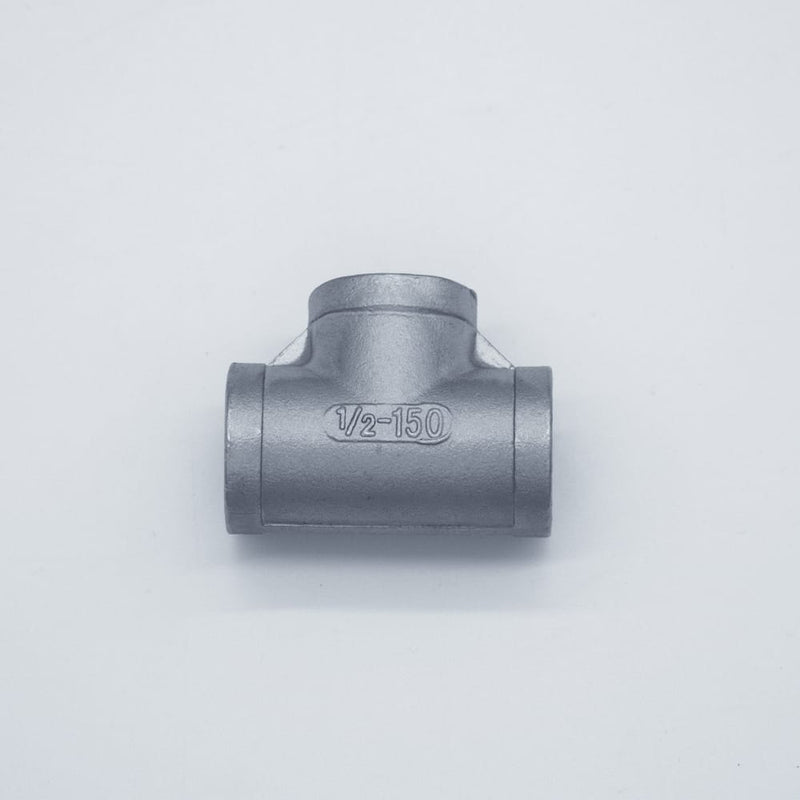 304 Stainless Steel 1/2 inch Female NPT Tee. Bottom angled view. Photo Credit: TCfittings.com