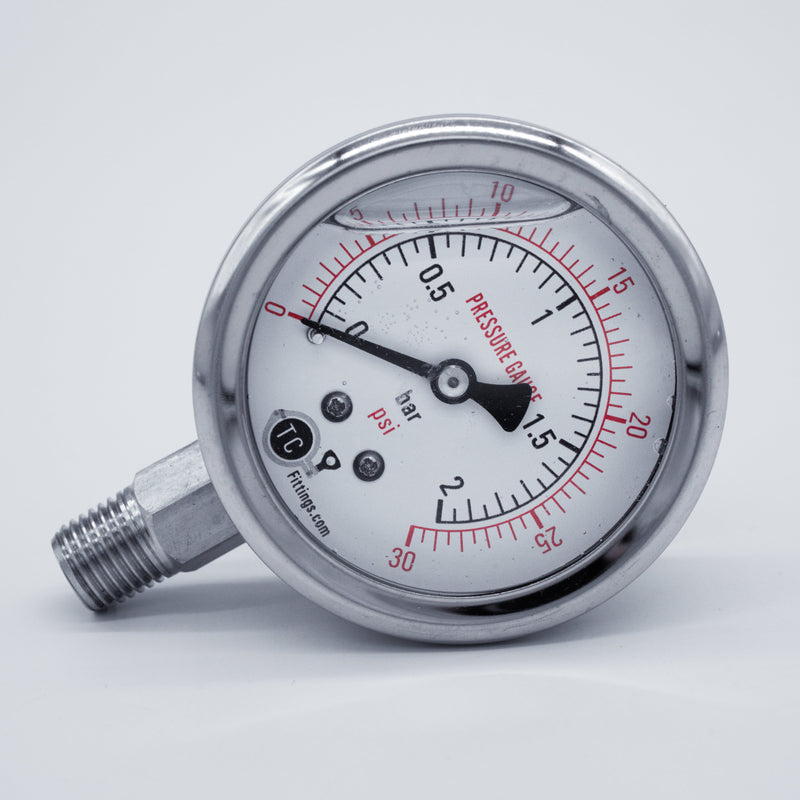 304 Stainless Steel bodied Male NPT Pressure gauge. Zero to 30 psi gauge. Photo Credit: TCfittings.com