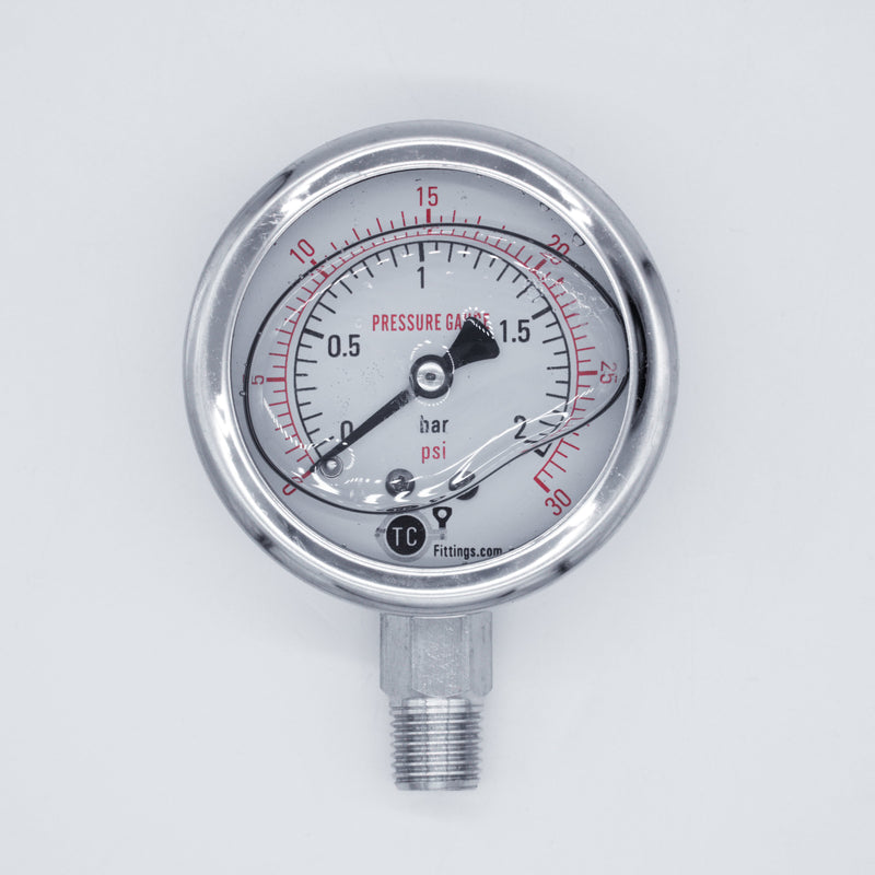 304 Stainless Steel bodied Male NPT Pressure gauge. Zero to 30 psi gauge. Photo Credit: TCfittings.com