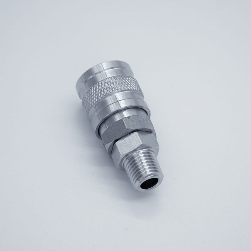 304 Stainless Steel 1/4-inch Male NPT to Female Air Quick Connect. Angled to show male threads. Photo credit: TCfittings.com.