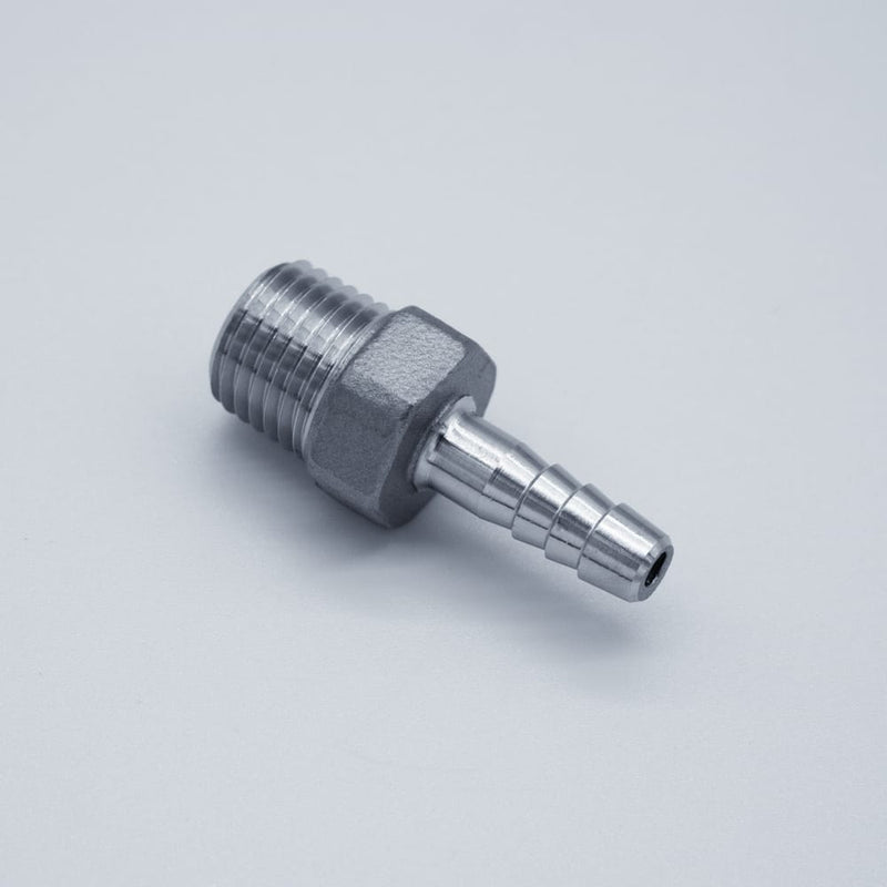 316 Stainless Steel 1/4-inch Male NPT to 1/4-inch Hose Barb Adapter. Main View. Photo Credit: TCfittings.com