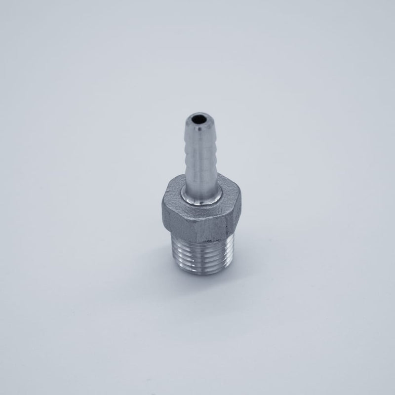316 Stainless Steel 1/4-inch Male NPT to 1/4-inch Hose Barb Adapter. Side profile. Photo Credit: TCfittings.com