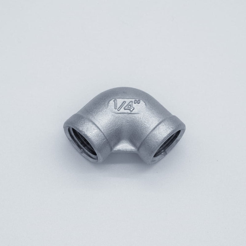 304 Stainless Steel 1/4-inch Female NPT to 1/4-inch Female NPT 90-degree elbow. Angled view to show threads. Photo credit: TCfittings.com.