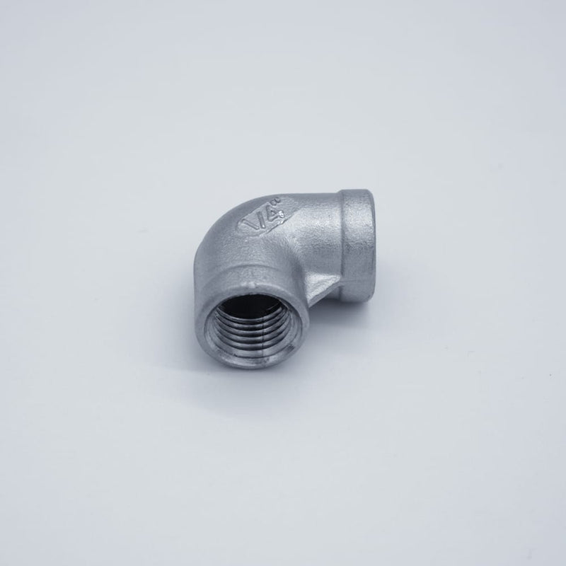 304 Stainless Steel 1/4-inch Female NPT to 1/4-inch Female NPT 90-degree elbow. Bottom view to show threads. Photo credit: TCfittings.com.