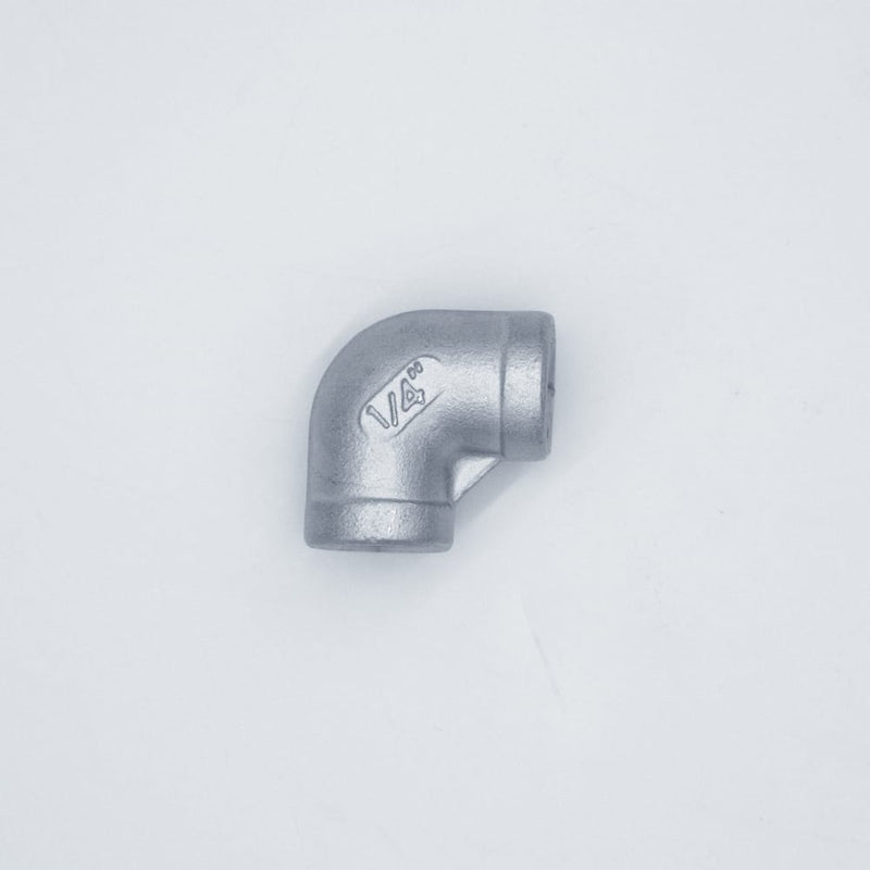 304 Stainless Steel 1/4-inch Female NPT to 1/4-inch Female NPT 90-degree elbow. Top-down view. Photo credit: TCfittings.com.