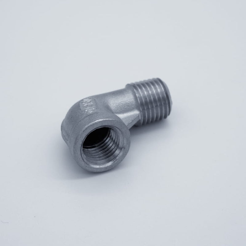 304 Stainless Steel 1/4-inch Male NPT to 1/4-inch Female NPT 90-degree street elbow. Angled to show female threads. Photo credit: TCfittings.com.
