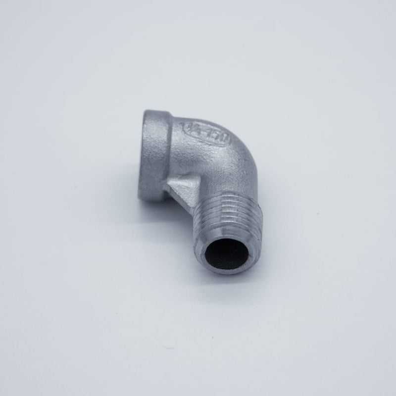 304 Stainless Steel 1/4-inch Male NPT to 1/4-inch Female NPT 90-degree street elbow. Angled to show male threads. Photo credit: TCfittings.com.