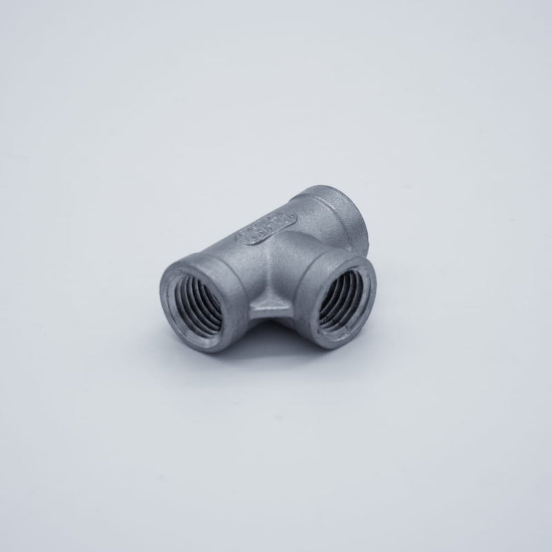 304 Stainless Steel 1/4 inch Female NPT Tee. Angled view. Photo Credit: TCfittings.com