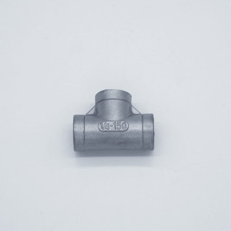 304 Stainless Steel 1/4 inch Female NPT Tee. Bottom angled view. Photo Credit: TCfittings.com