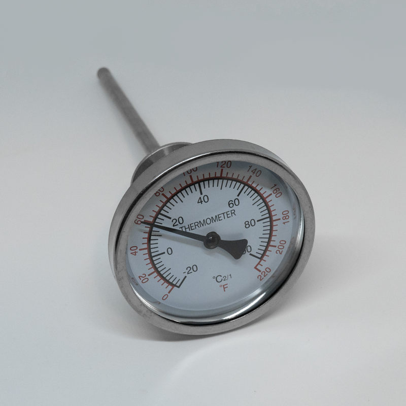 1.5-inch Tri-Clamp Compatible Temperature Gauge with 10-inch probe. Angled View to show gauge face. Photo Credit: TCfittings.com