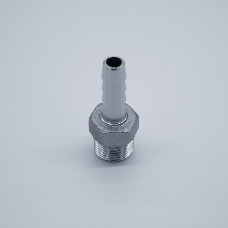 316 Stainless Steel 3/8-inch Male NPT to 3/8-inch Hose Barb Adapter. Side profile. Photo Credit: TCfittings.com