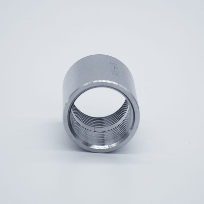 304 Stainless Steel 3/4-inch Female NPT Coupler. Angled view of the threads. Photo credit: TCfittings.com.