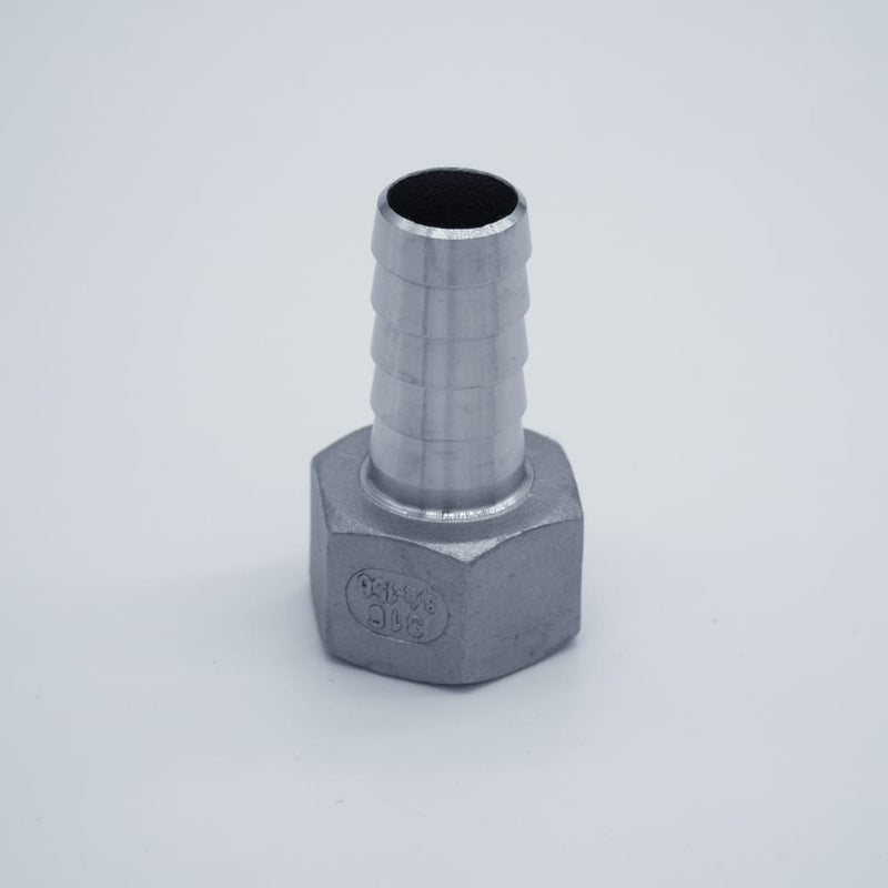 316 Stainless Steel 3/4-inch Female NPT to 3/4-inch Hose Barb Adapter. Side profile. Photo Credit: TCfittings.com