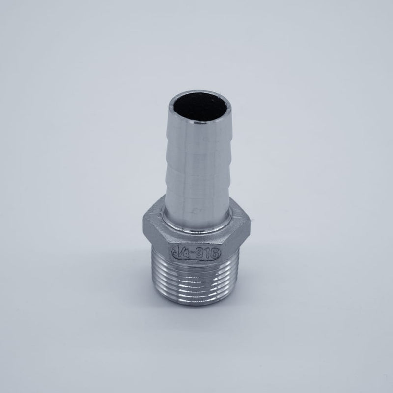 316 Stainless Steel 3/4-inch Male NPT to 3/4-inch Hose Barb Adapter. Side profile. Photo Credit: TCfittings.com