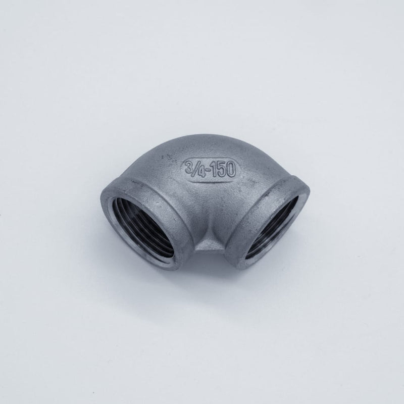 304 Stainless Steel 3/4-inch Female NPT to 3/4-inch Female NPT 90-degree elbow. Angled view to show threads. Photo credit: TCfittings.com.