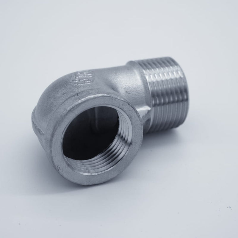 304 Stainless Steel 3/4-inch Male NPT to 3/4-inch Female NPT 90-degree street elbow. Angled to show female threads. Photo credit: TCfittings.com.