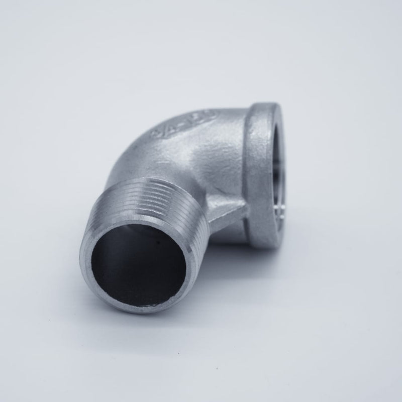 304 Stainless Steel 3/4-inch Male NPT to 3/4-inch Female NPT 90-degree street elbow. Angled to show male threads. Photo credit: TCfittings.com.