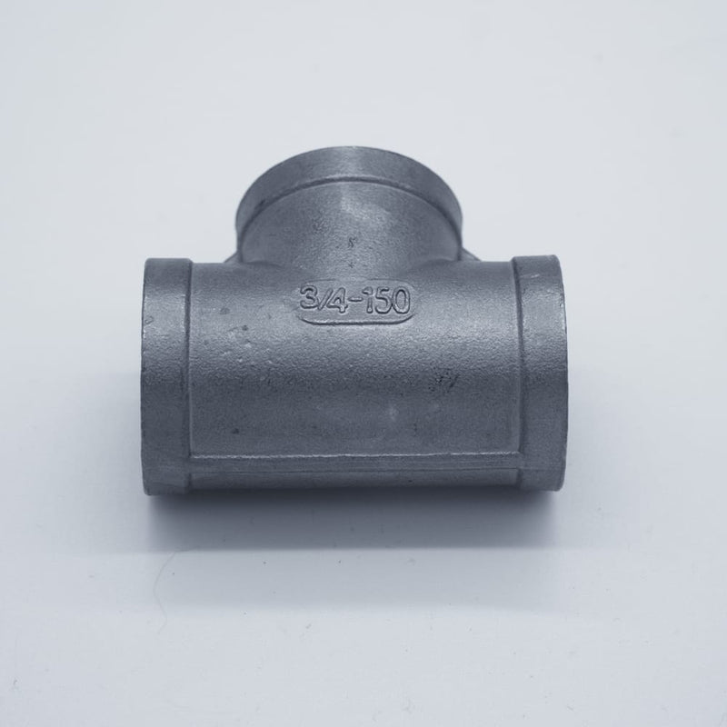 304 Stainless Steel 3/4 inch Female NPT Tee. Bottom angled view. Photo Credit: TCfittings.com