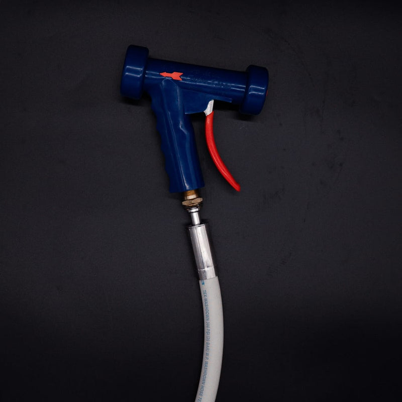 3/4-inch Texcel Washdown Hose with Spray Nozzle attached. Top View. Photo Credit: TCfittings.com